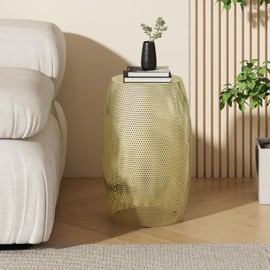 Christopher Knight Home Outdoor Side Table,Lace Cut Hollow Iron Side Table,Patio Garden Stool Coffee End Table,Round Drum Side Table,Metal Decorative Garden Stool for Patio, or Balcony,Gold