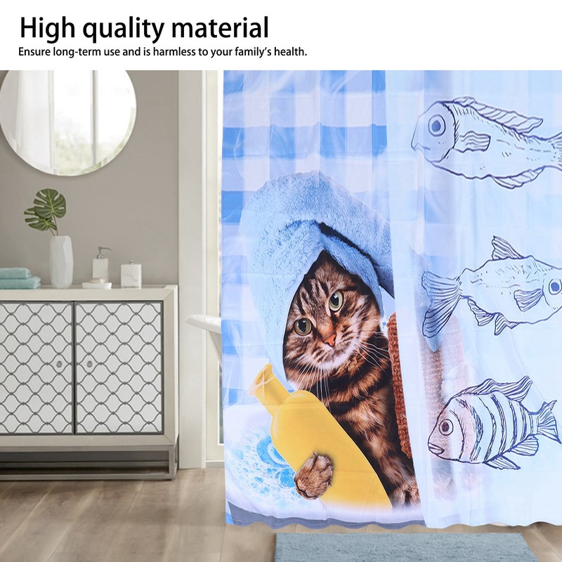 Cute Cat Fish Pattern Shower Curtain Waterproof Bathroom Decorative Bath