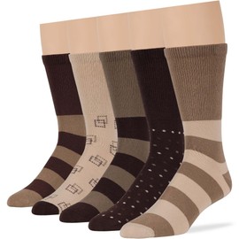 7BigStars Men's Diabetic Non-Binding Cotton Crew Socks - 5 Pack Big Tall - Stripe Pattern - Sock Size 13-15 Shoe Size 12-15 XL Light Beige, Beige, Khaki, Brown, Dark Brown