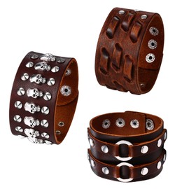 OIDEA 3PCS Gothic Skull Leather Bracelet for Men, Punk Rock Multistrand Wide Braided Bangle Cuff Bracelet, Adjustable, Brown