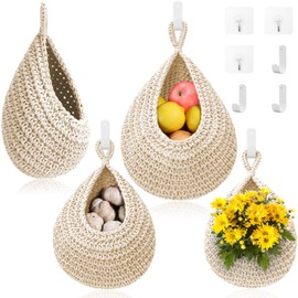 Hanging Fruit Baskets for Kitchen - 3 Pack Boho Wall Hanging Basket with 6 Pcs Strong Hooks, Handwoven Onion Storage Teardrop Home Onion Basket for Fruits Vegetable Potato Kitchen Storage (White)