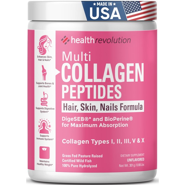 Multi Collagen Peptides Powder Supplement Types I, II, III, V, X - 5 Hydrolyzed Collagen Peptides– For Skin Hair Nails Joints –Triple Refined for Easy Mixing, Non-GMO Dairy Gluten-Free, Unflavored