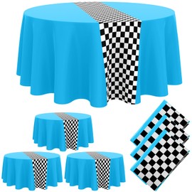 Oudain Cars Birthday Racing Decorations - Round Tablecloth, Checkered Flag Table Covers, Road Plastic Table Cloth, 1950s Disco Dancing Party Tablecloth (Light Blue, 3 Pcs)