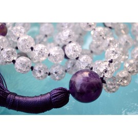 Hand Knotted Crackled Crystal Quartz and Amethyst Mala Beads Necklace - 8mm, 108 Beads - Birthstone for Pisces, Aquarius - Crown Chakra Mala