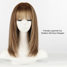 ELLORS Highlights Brown 16inch Human Hair Wigs for Women Shoulder Length Layered Real Hair Wig with Natural Look and Bangs