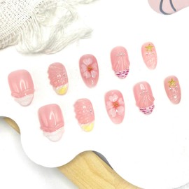 Flower Press on Nails French Tip False Nails with 3D Star Designs Handmade Press on Nails Short Almond Shaped Fake Nails Glossy Full Cover Artificial Acrylic Nails for Women (Size S)