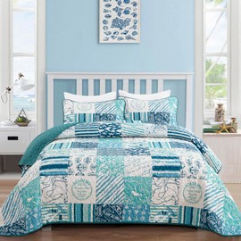 Dinjoy Summer Nautical Ocean Quilt Set King Size, Beige Blue Green Beach Coastal Themed Bedding Set Retro Anchor Sailboat Pattern Microfiber Lightweight Bedspread Coverlet Bed Set (104x90 Inch)