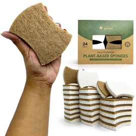 Biodegradable Natural Kitchen Sponge - Compostable Cellulose and Coconut Walnut Scrubber Sponge - Pack of 24 Eco Friendly Sponges for Dishes