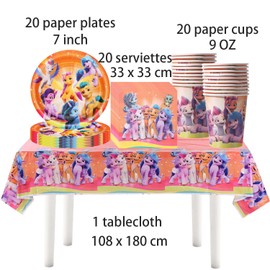 Pack of 61 Pony Party Tableware, Children's Party Tableware, Pink Fantasy Girl Party Tableware, Includes Paper Plates, Cups, Hoist a Flag and Tablecloths, Suitable for Children's Birthday Parties for