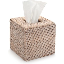 JCUKHA Rattan Tissue Box Cover Square, Hand Woven Wicker Facial Tissue Holder, Wicker Tissue Holder for Bathroom Toilet Living Room Kitchen Office Table Desk, 5.7"x5.7"x5.7", Whitewash