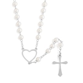 Edforce Stainless Steel Heart and Pearl with Cross Rosary, 29.5in (75cm)
