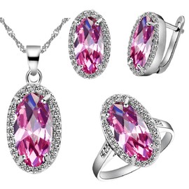 Uloveido Large Love Oval Cubic Zirconia Vintage Charming Wedding Bridal Jewelry Sets for, Women Rings Necklace and Earrings Set (Pink, Size 9) T482