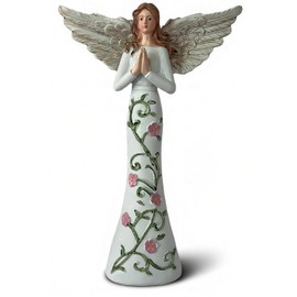 LEOKED 8" Praying Angel Figurine Gifts for Women, A Gift to Express Comfort, Remembrance and Healing, White Resin with Pink Floral Design, Detailed Wings, Suitable for Indoor Decor