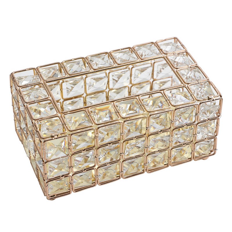 European Style Rectangular Metal Crystal Tissue Box Desktop Decorative Ornaments