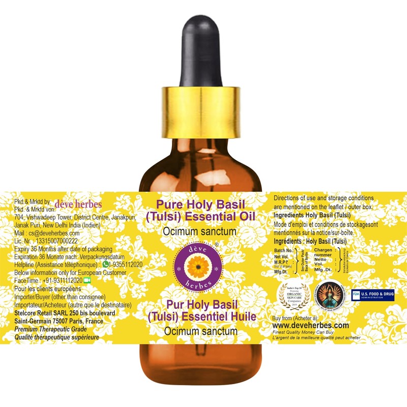 Deve Herbes Pure Holy Basil Essential Oil (Ocimum Sanctum) Steam