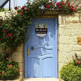 Bless This Home and All Who Enter Wooden Front Door Sign Decoration Hanging Christian Home Porch Wall Decor Welcome Porch Wall Sign with Bow-Knot Wreath Gift for Kitchen Entryway Porch Front Door