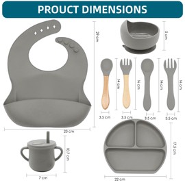 Dormlony 100% Silicone baby feeding set,BPA free Baby dishes set with Suction Bowl Divided Plate,Toddler Self Feeding Dish Set with Spoons Forks Sippy Cup And Bib, Baby Eating Utensils (Grey)