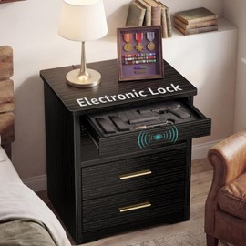 Black Nightstand with Gun Drawer for Bedroom - Modern 3 Drawers Night Stand Gun Safe for Handgun Bed Side Table with Storage Hidden Compartment Locking Drawer
