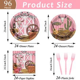 96 Pcs Cowgirl Birthday Party Decorations Western Theme Paper Plates and Napkins Wooden Barn Disposable Tableware Set Rodeo Pink Birthday Wild West Dinnerware Decor for Kids Serves 24