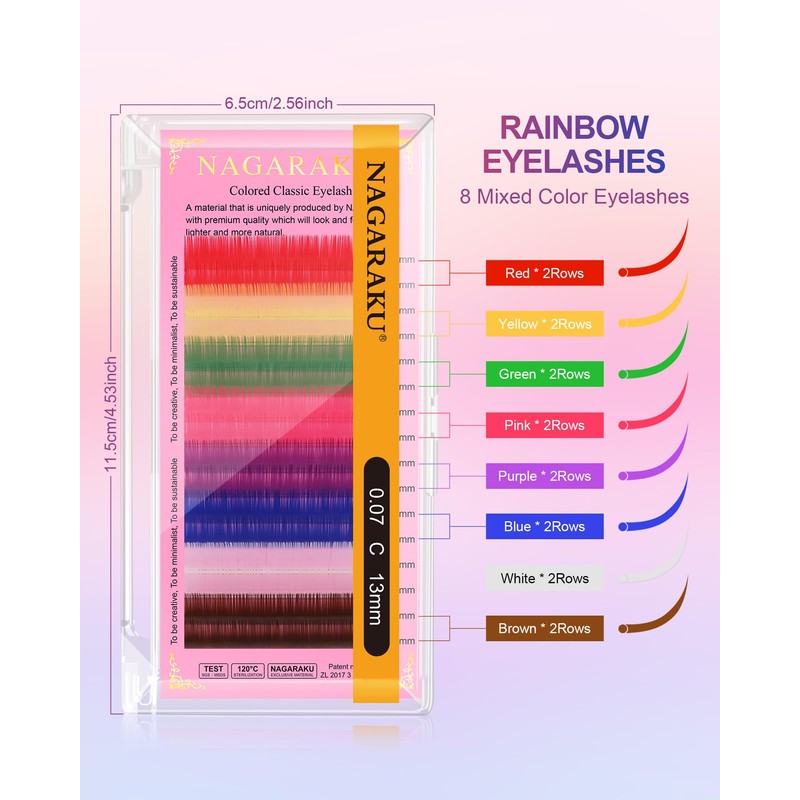 NAGARAKU Colored Eyelash Extensions 8 Colors Rainbow 0.07mm D curl