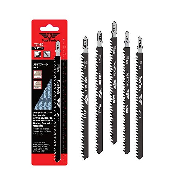 5 x TopsTools JSTT744D T744D 180mm Long Clean and Fast Cuts Wood Cutting Jigsaw Blades Compatible with Bosch, Dewalt, Makita, Milwaukee and many more