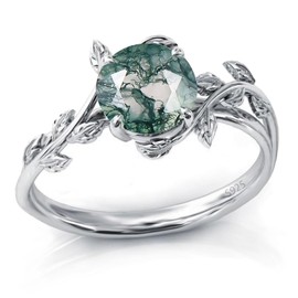 Wasee Natural Moss Agate Ring for Women, 925 Sterling Silver, Round Green Moss Agate, Engagement & Wedding Ring, Silver