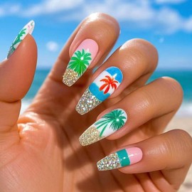 Summer Beach Press on Nails Medium Coffin Fake Nails Glitter French Tip False Nails with Palm Tree Design Glossy Green Blue Full Cover Glue on Nails Acrylic Stick on Nails for Women 24Pcs