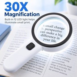 30X Magnifying Glass with Light for Reading – Handheld 12-LED Magnifier for Jewelry, Watches & Small Details