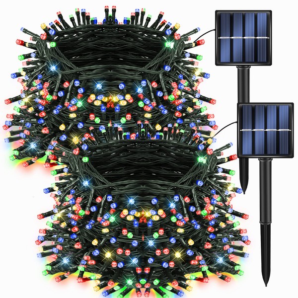 Dazzle Bright 2 Pack Total 400LED 132FT Multi-Colored Christmas Solar String Outdoor Lights, Solar Powered with 8 Modes Waterproof Fairy Lights for Bedroom Patio Garden Tree Party Yard Decoration
