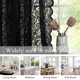 Bujasso Black Sheer Lace Curtains 72 inch Vintage Floral Sheer Gothic Curtain Panels for Living Room Bedroom Luxury Light Filtering Drapes Black Window Treatment Sets Rod Pocket 2 Panels 54" Wx72 L