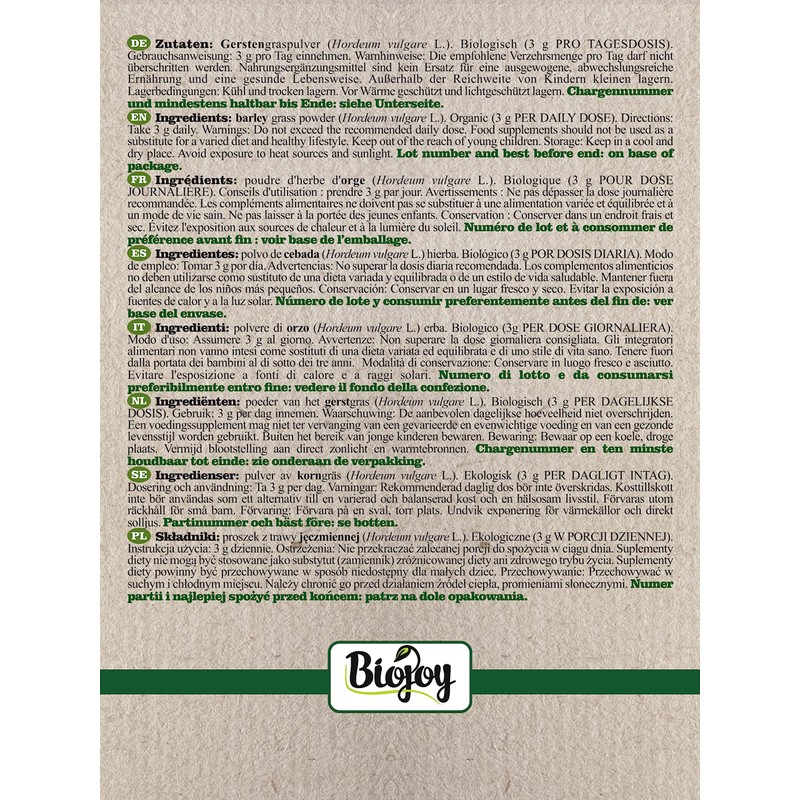 Biojoy Organic Barley Grass Powder (500 g), Ground Barley, Raw
