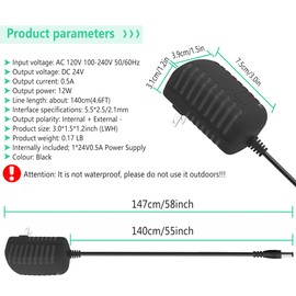 DC 24V 500mA Power Adapter Wall 24 Volt 0.5Amp Power Supply Transformer 100-240V AC to DC Converter with 5.5x2.5mm 2.1mm Power Cord for LED Strip Lights Essential Oil Diffuser