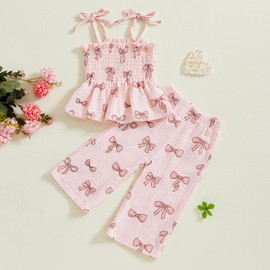Yoisdtxc Toddler Baby Girl Clothes Summer Tie-Up Ruffle Tops Cotton Linen Pants Set Infant Smocked 2Pcs Outfit (C-Pink, 2-3T)
