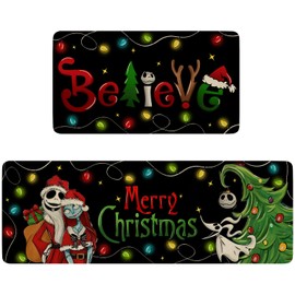 Eikunn Merry Christmas Believe Kitchen Rug Set of 2,Xmas Jack Skellington Sally Black Kitchen Mat for Floor,Christmas Rugs for Kitchen Christmas Kitchen Decor Christmas Decorations for Home