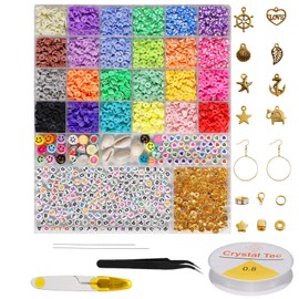 Long tiantian 5400 Pcs Clay Beads for Bracelet Making,24 Colors 6mm Flat Round Polymer Clay Beads,Heishi Beads with Pendant Charms Kit 、300 Letters Beads for Jewelry Making Kit Bracelets Necklace
