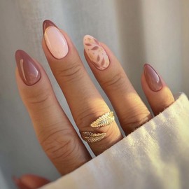 MISUD Press on Nails - Medium Almond Fake Nails with Fall Wine Red, Acrylic Autumn Leaf Design 24 pcs