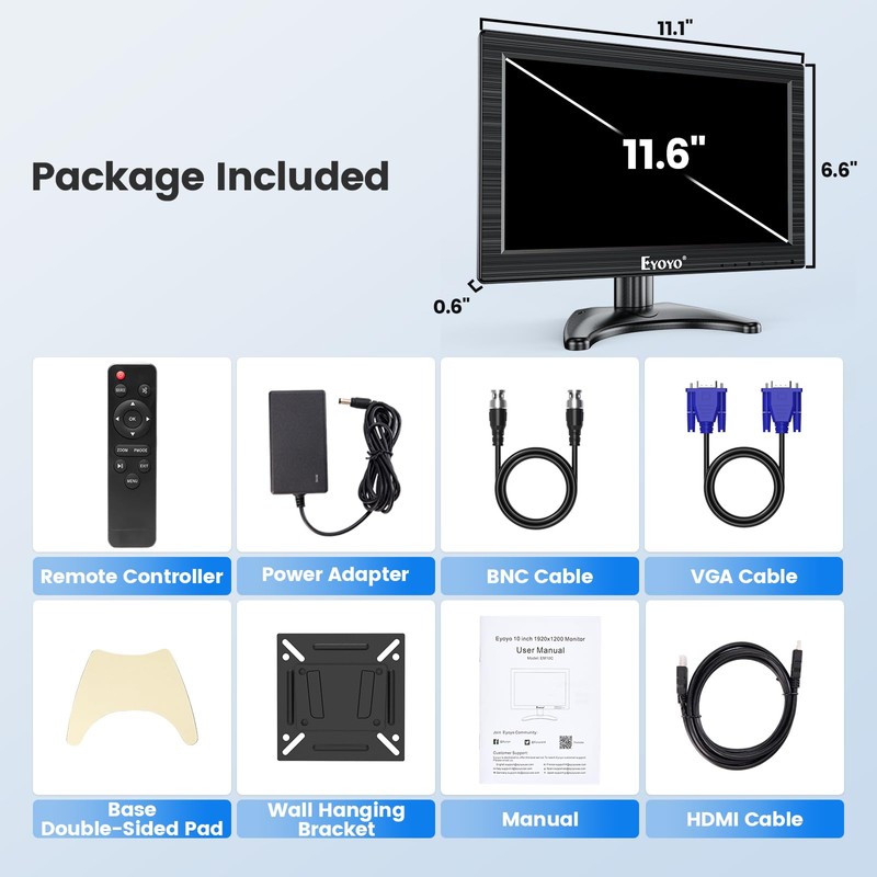 Eyoyo 12 Inch Monitor 1366x768 Small TV Monitor with HDMI