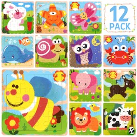 12-Pack Easy Wooden Jigsaw Puzzles for Kids Age 3-8 Years Old, Animals Small Toddler Puzzles Party Favors for Girls and Boys, Portable Travel Puzzles 16 Pieces Per Puzzle