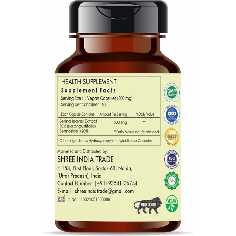AYURVEDASHREE Senna Extract 500mg - 60 Vegetarian Capsules | Cassia