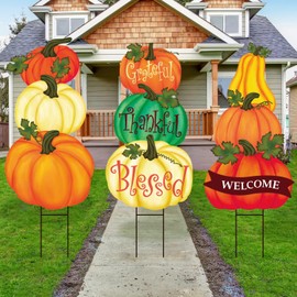 Quera 9PCS Pumpkin Yard Signs Fall Yard Stakes Thanksgiving Outdoor Decorations Harvest Autumn Lawn Decorations Weatherproof Yard Signs for Garden Home Lawn Patio Walkway Decorations, grateful