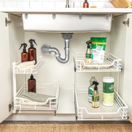 Household Essentials Glidez Multipurpose Paint-Finished Steel Pull-Out/Slide-Out Storage Organizer for Under Cabinet Use - 2-Tier Design - Fits Standard Size Cabinet or Shelf, White