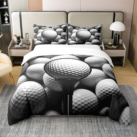 jejeloiu Golf Ball Duvet Cover 100% Cotton Set Full Size,Ball Sports Bedding Set for Kids Boys Men,White Golf Quilted Bedspread Cover 3Pcs with 2 Pillow Case (No Comforter)