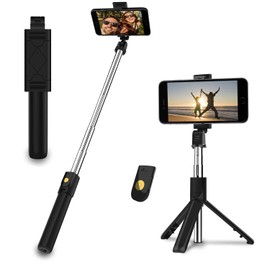 EasyULT Selfie Stick Tripod, Extendable Phone Tripod, Portable Selfie Stick with Wireless Remote, 360° Rotatable Tripod Stand, Extendable Tripod for for Selfies/Live/Video Recording/Travel (Black)