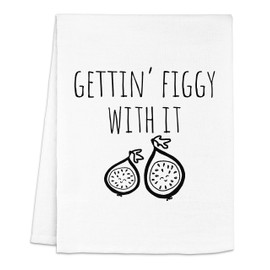 Funny Dish Towel, Gettin' Figgy With It Flour Sack Kitchen Towel, Sweet Housewarming Gift, Farmhouse Kitchen Decor, White or Gray (White)