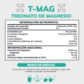 T-MAG L-Treonato Magnesio | Magnesio y Acerola | Alta absorción con Piperina al 95% | Sin Azúcar - Suplemento Alimenticio Vegano Beyond Vitamins - Ingredientes NON GMO (60 Cápsulas)