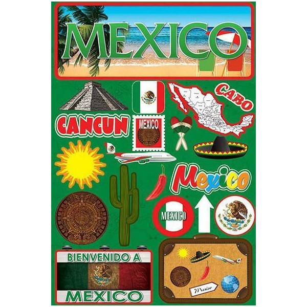 Scrapbooking Crafts Stickers 3D Mexico Cancun Suitcase Map Cabo Sombrero Cactus