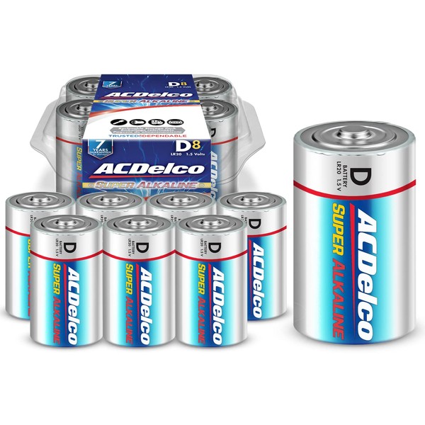 ACDelco 8-Count D Batteries, Maximum Power Super Alkaline Battery, 7-Year Shelf Life, Recloseable Packaging