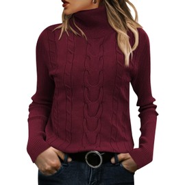 FEKOAFE 2025 Fall Winter Warm Turtleneck Sweaters for Women Causual Long Sleeve Cable Knit Pullover SweatersTops Wine Red XL