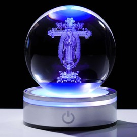Movdyka 3D Crystal Ball Virgin De Guadalupe Statues with Cross Religious Gifts for Women Catholic, Etched Our Lady of Guadalupe Decorations Glass Statues with Colorful LED Base