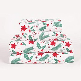 Aubrie Home Accents 4-Piece Christmas Greens Holiday Mistletoe Poinsettia Deep Pocket Microfiber Bed Sheet Set, Queen, Green Red White